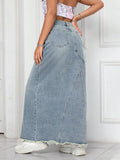 Flvsun-Casual Washed Frayed Hem Long Denim Skirt