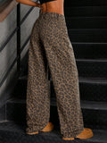 Flvsun-Women Front Button Low Waist Leopard Print Washed Straight Leg Jeans, Casual Everyday Wear