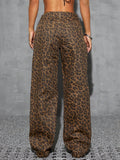 💖Flvsun-Women Front Button Low Waist Leopard Print Washed Straight Leg Jeans, Casual Everyday Wear
