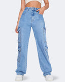 Flvsun-Women_s High Waist Cargo Jeans Flap Pocket