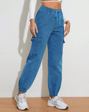 Flvsun-Women's Casual Pants High Waist Drawstring Elastic Waist Jeans