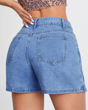 Back view of Flvsun-Denim Skorts high-waisted denim mini shorts for women with a stylish side slit.
