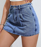 Flvsun-Women's Denim Skirt High Waist Casual Denim Skort Women Mini Jean Skirt Shorts Fold Pleated Design