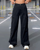 Flvsun-Women_s High Waist Cargo Jeans Flap Pocket