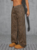 💖Flvsun-Women Front Button Low Waist Leopard Print Washed Straight Leg Jeans, Casual Everyday Wear