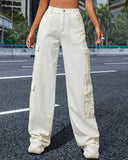 Flvsun-Women_s High Waist Cargo Jeans Flap Pocket