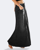 Flvsun-Women's Maxi Jean Skirt High Waisted A-Line Long Denim Stretch Skirts with Frayed Raw Hem for Ladies