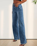 Flvsun-Wide Leg Jeans for Women Casual High Waisted Straight Stretch Denim Pants with Frayed Raw Hem