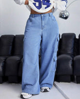 Flvsun-Plus Size Women's High-Waisted Cargo Pants: Elasticized Back Waistband, Straight Leg with Slant Pockets | Street & Casual Style