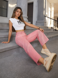 Flvsun-Solid High Waist Wide Leg Slant Pocket Jeans