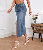 Flvsun-Womens Front Slit Thigh Denim Skirt High Waist Casual Midi Length Jean Skirt for Curvy Females