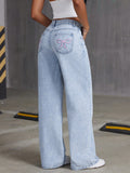 Flvsun-Women Embroidered Bowknot Washed Denim Jeans