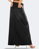 Flvsun-Women's Maxi Jean Skirt High Waisted A-Line Long Denim Stretch Skirts with Frayed Raw Hem for Ladies