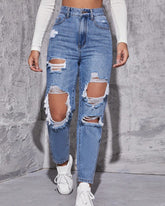 Flvsun-High Waist Ripped Mom Fit Jeans