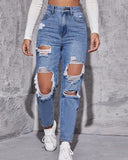 Flvsun-High Waist Ripped Mom Fit Jeans