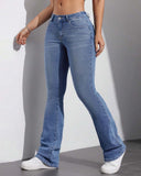 Flvsun Classic Stretch Women's Low Rise Bell Bottom Jeans in light blue, featuring a flattering flared design and stretchy fit.