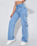 Flvsun-Women_s High Waist Cargo Jeans Flap Pocket