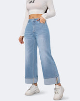 Flvsun-Womens Wide Leg Jeans High Waist Stretchy Straight Leg Cuffed Denim Pants Trendy 2025