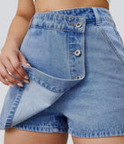 Flvsun-Denim Shorts Women Casual High Waisted Solid Button Up Asymmetrical Denim Jean Skort Skirt Mini Shorts.