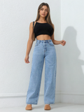 Flvsun-Solid High Waist Wide Leg Slant Pocket Jeans