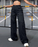 Flvsun-Women_s High Waist Cargo Jeans Flap Pocket