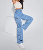 Flvsun-Women_s High Waist Cargo Jeans Flap Pocket