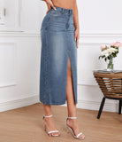 Flvsun-Womens Front Slit Thigh Denim Skirt High Waist Casual Midi Length Jean Skirt for Curvy Females