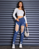 Flvsun-Women's High Waisted Skinny Ripped Jeans