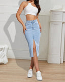 Flvsun-Women's Mid Length Stretch Denim Slit Skirt Comfortable Curve Enhancing for A Flattering Fit