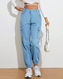 Flvsun-Women's Casual Pants High Waist Drawstring Elastic Waist Jeans