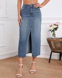 Flvsun-Womens Front Slit Thigh Denim Skirt High Waist Casual Midi Length Jean Skirt for Curvy Females