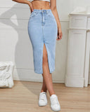 Flvsun-Women's Mid Length Stretch Denim Slit Skirt Comfortable Curve Enhancing for A Flattering Fit