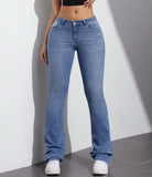Flvsun low rise bell bottom jeans for women, stretchy flared jeans in light blue denim. Perfect for casual style.