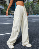 Flvsun-Women_s High Waist Cargo Jeans Flap Pocket