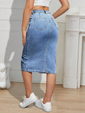 Flvsun-Midi Denim Skirt High Waisted Front Split Casual Stretch Knee Length Jean Skirt for Women