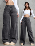 Flvsun-Casual Faded High Waist Wide Leg Jeans