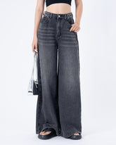 Flvsun-Women's High Waist Jeans SolidWaist Adjusting Buckle Wide LegDenim Jeans-Dark Grey Jeans