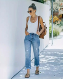 Flvsun-Women's jeans ripped casual nine-minute straight washed jeans female