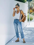 Flvsun-Women's jeans ripped casual nine-minute straight washed jeans female
