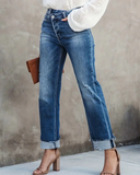 Flvsun-Women'S Slim Fit High Waist Flap Fashion Jeans