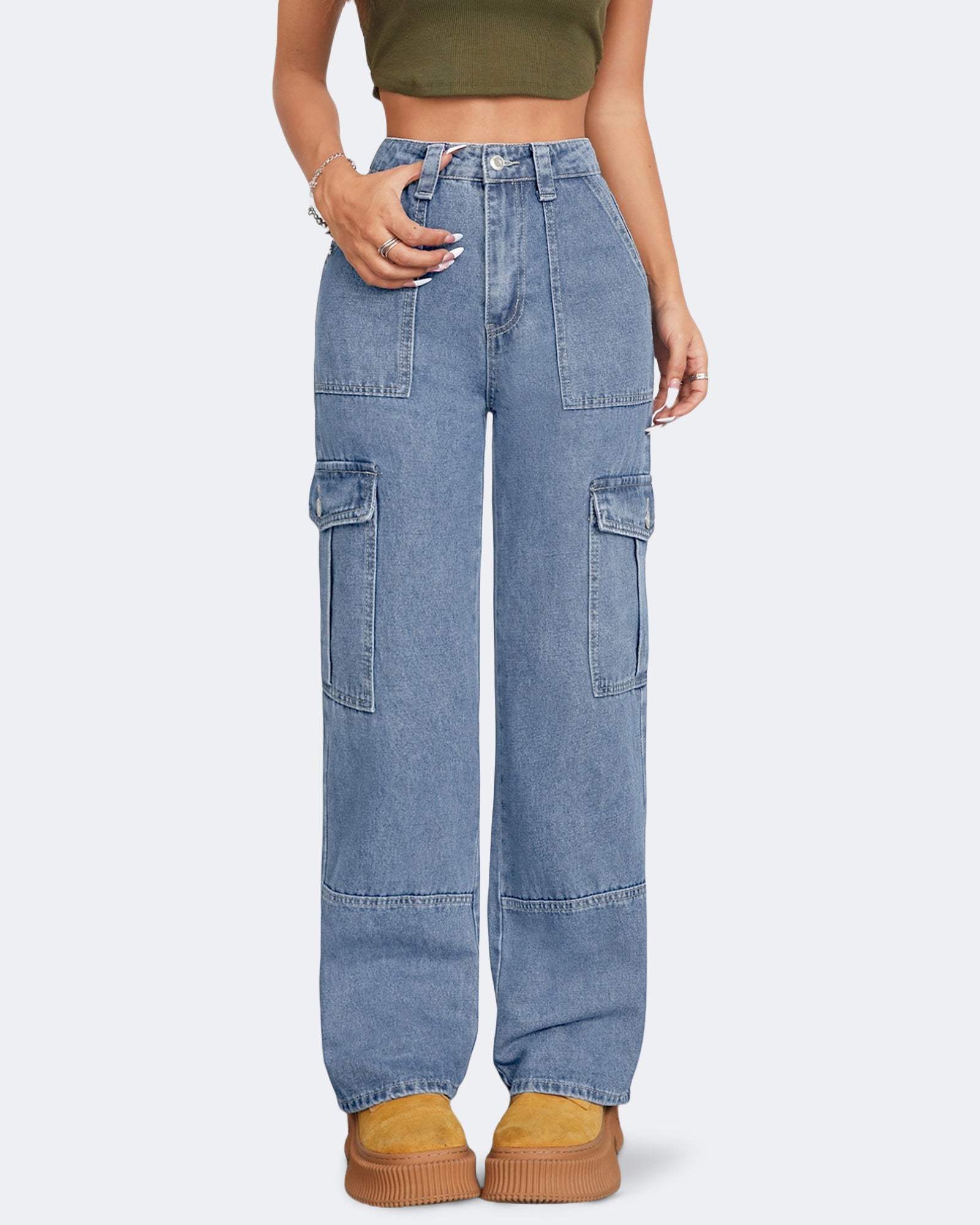 Flvsun women's high waist baggy cargo jeans in light blue, featuring loose fit and utility pockets, perfect for casual style.