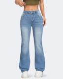 Flvsun Women's low rise bell bottom jeans, light wash, stretchy denim for casual wear, featuring a comfortable fit and flared style.