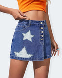 Flvsun women's high waisted denim skort shorts featuring star print and button detail, perfect for casual summer outfits.