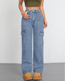 Flvsun Women's High Waist Baggy Cargo Jeans - Loose Fit Utility Pants with Pockets, relaxed wide-leg denim style.
