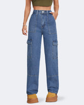 Flvsun Women's High Waist Baggy Cargo Jeans - Loose Fit Utility Pants with Pockets in Blue