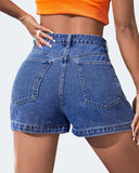 Flvsun women's high waisted denim skort shorts with a stylish back view, showcasing the ripped design and star print.