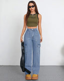 Model wearing Flvsun Women's High Waist Baggy Cargo Jeans with cropped top and sunglasses, showcasing a relaxed fit and utility style.