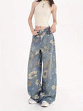 Flvsun wide leg high waist baggy jeans for women with floral design, perfect for casual Y2K fashion.
