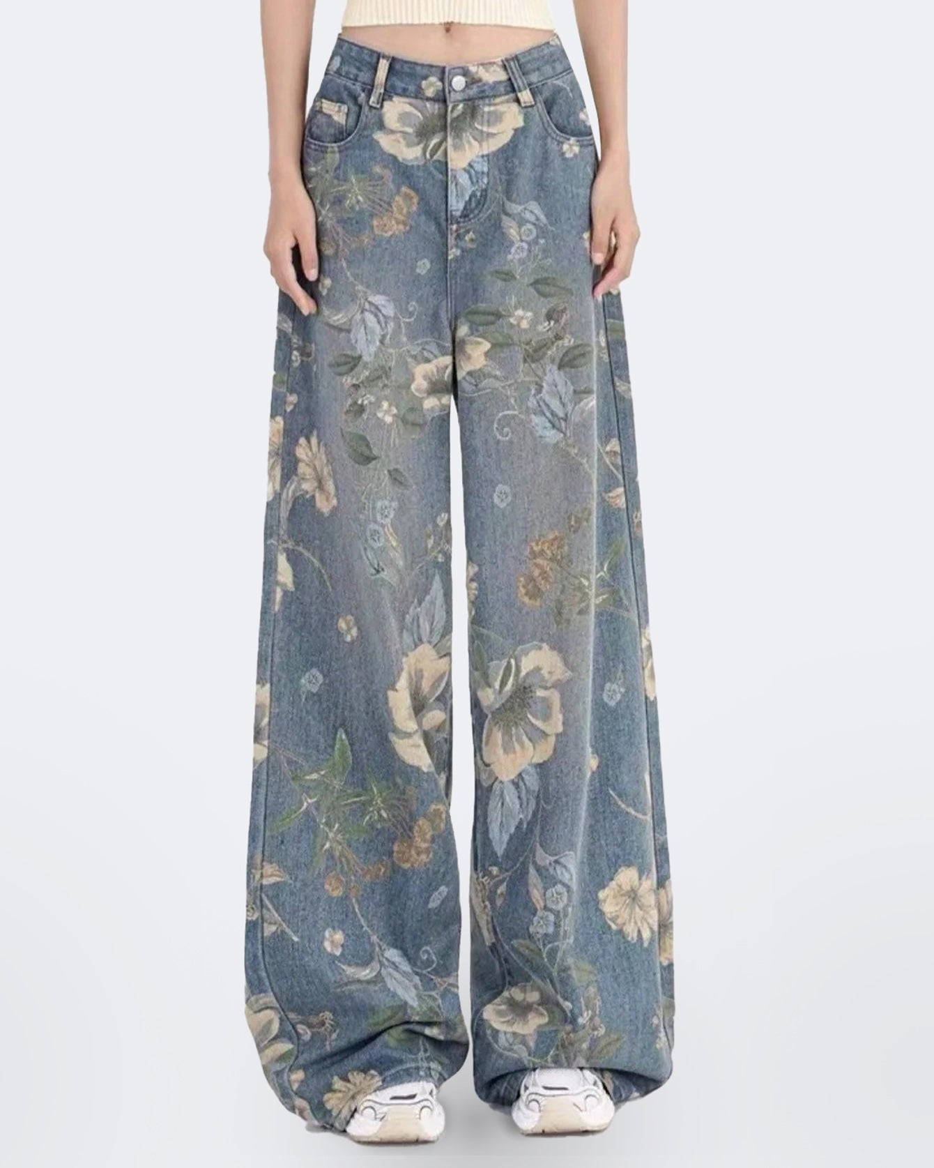Flvsun women's high waist wide leg jeans, floral patterned baggy denim pants, perfect for Y2K and 90s style.