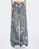 Flvsun women's high waist wide leg jeans, floral patterned baggy denim pants, perfect for Y2K and 90s style.